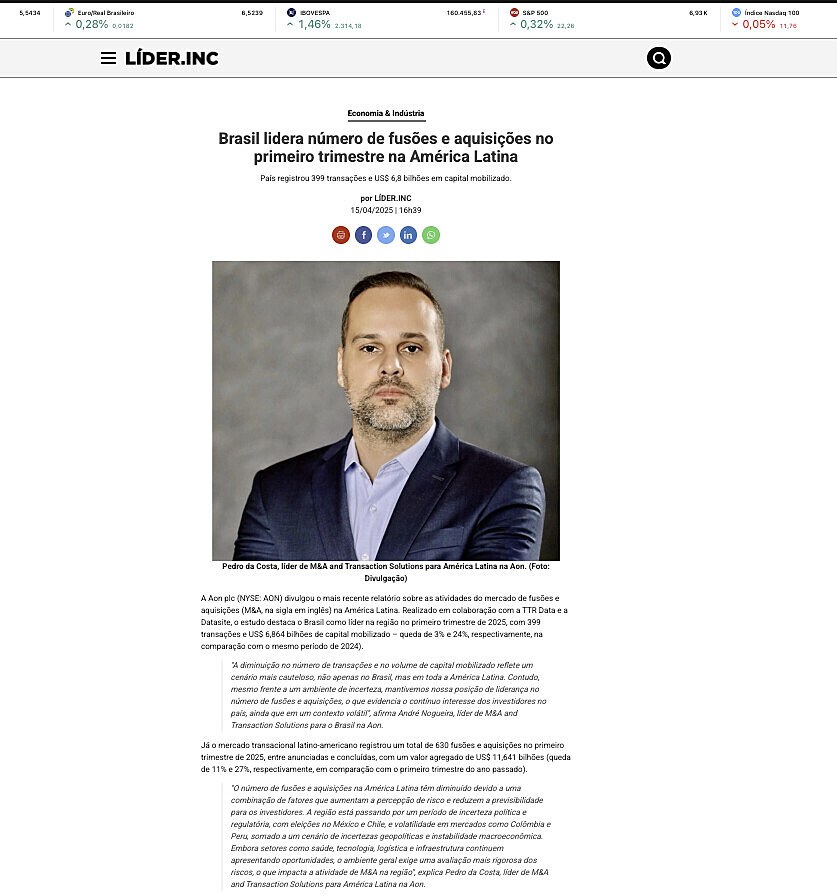 Brasil lidera n�mero de fus�es e aquisi��es no primeiro trimestre na Am�rica Latina